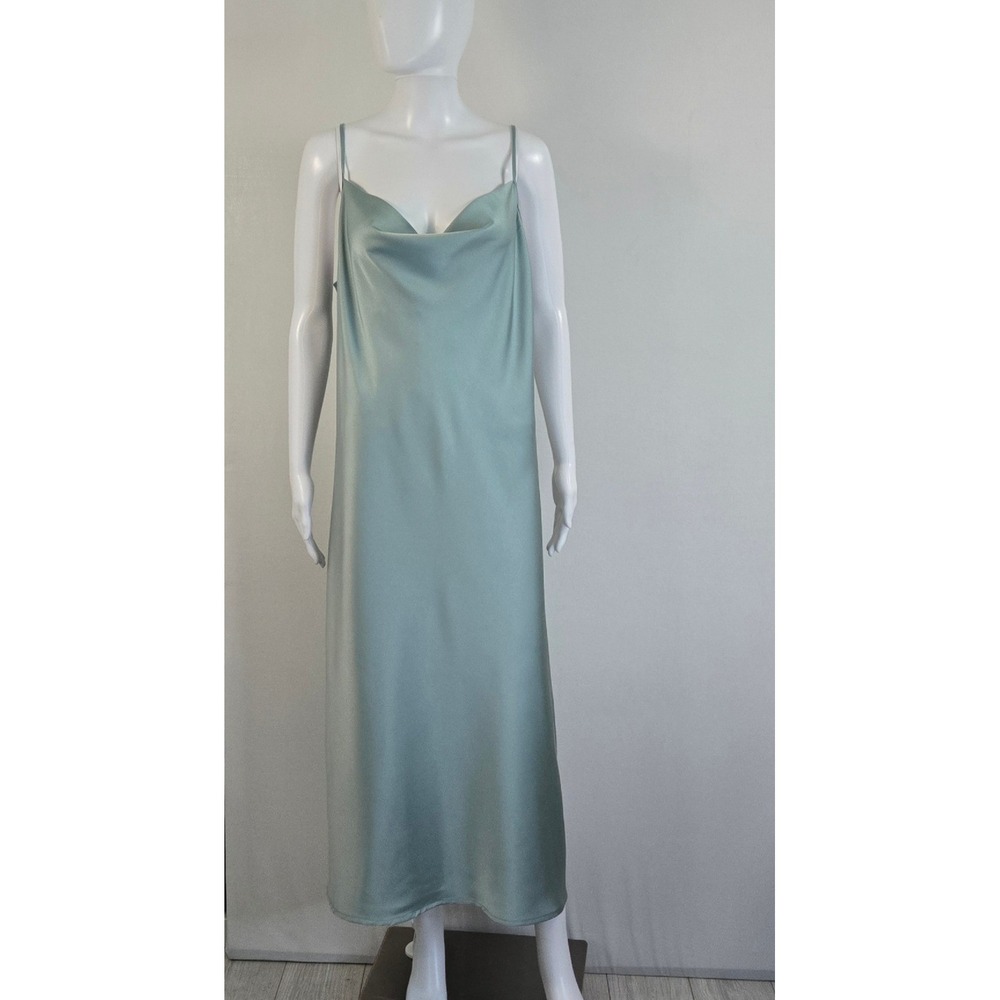 Women Sage Green Satin Cowl Neck Slip Dress and Mesh Duster Set Large - Picture 10 of 12